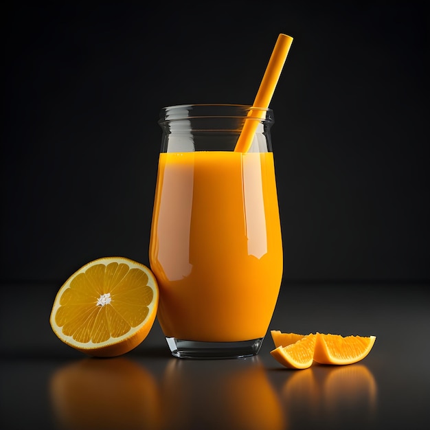 A glass of orange juice with a straw next to it.