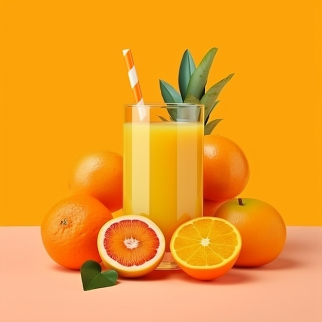 A glass of orange juice with a straw and a orange with a straw.