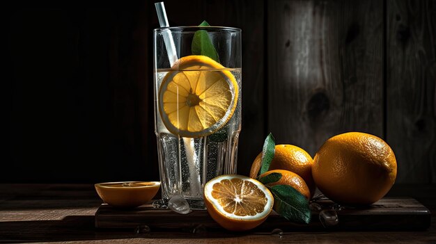 A glass of orange juice with a straw and a slice of lemon