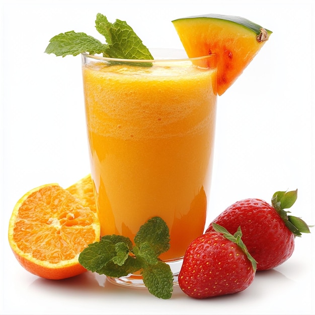 a glass of orange juice with strawberries and strawberries on it