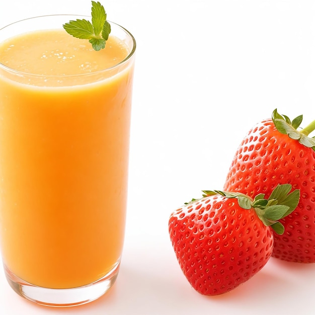 A glass of orange juice with a strawberry on the side