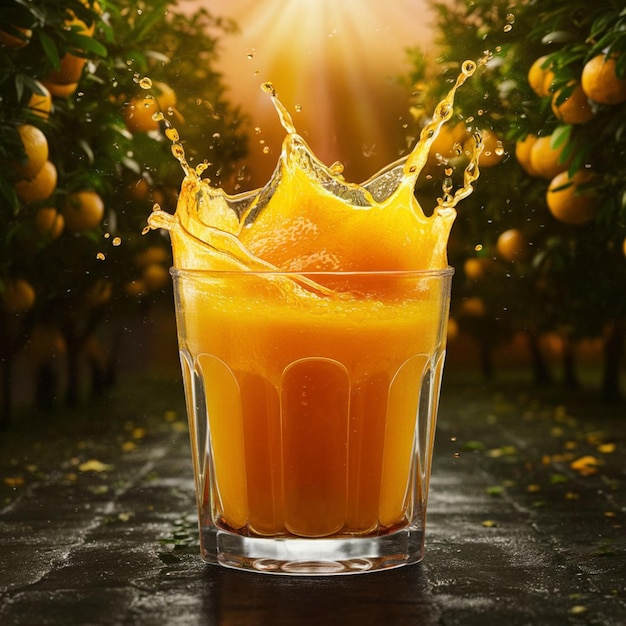 a glass of orange juice with the word orange on it