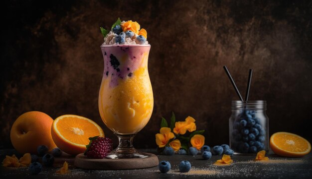 A glass of orange mango smoothie with blueberries on the side