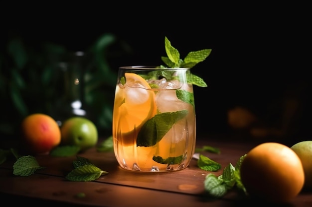 A glass of orange mojito with mint leaves on a wooden table