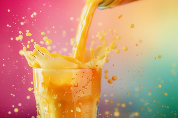 A glass of orange and pink juice is poured into a glass creating a splash