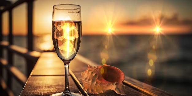 glass of orange water with ice and seashell on wooden table on sunset  beach at sea