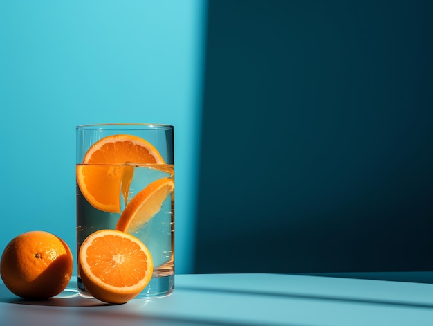 A glass of oranges and a glass of water with orange slices on it.