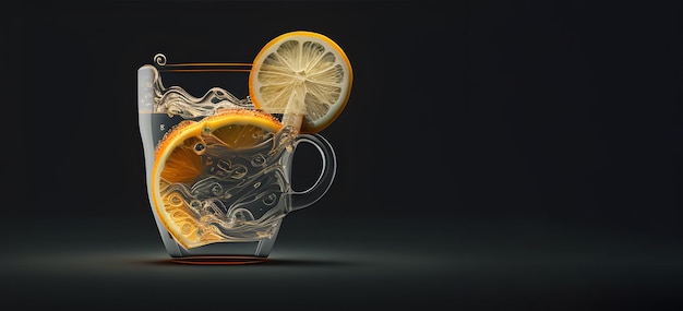 A glass of oranges and a slice of lemon are in a dark background.