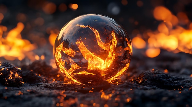 A glass orb containing a fiery inferno sits on a bed of glowing embers