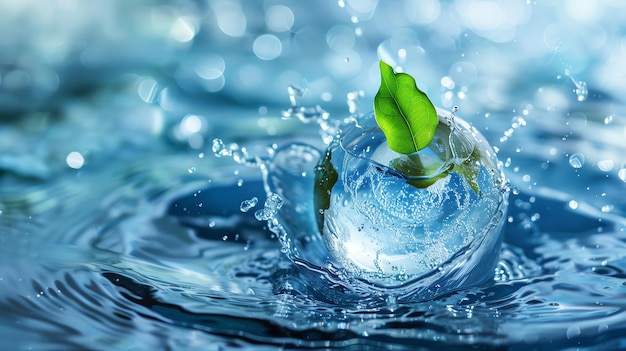 Photo a glass orb filled with water and a green leaf creating a splash as it lands in a body of water