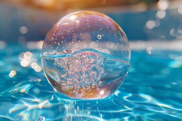 Photo glass orb floating in a pool of water