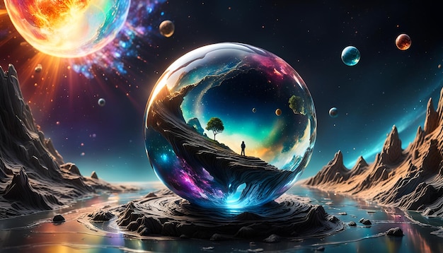 Glass orb with an space scene inside of it