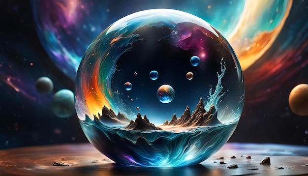 Glass orb with an space scene inside of it