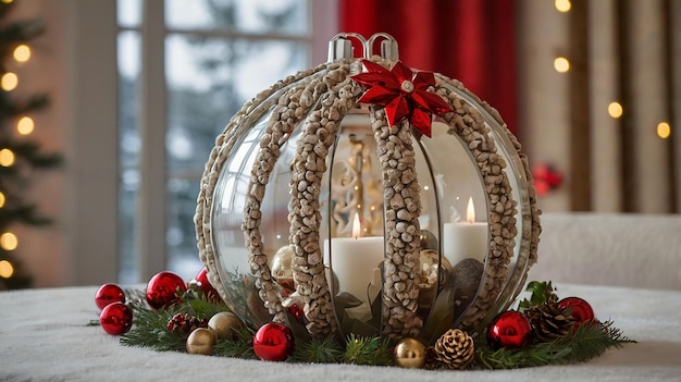 Photo a glass ornament with a candle in it and a glass ball with a red bow