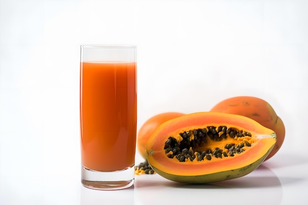 A glass of papaya juice next to a papaya juice