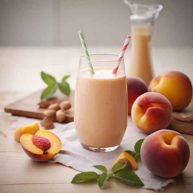 A glass of peach smoothie with a straw and a green and white striped straw.