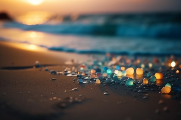 Glass pebbles on the beach with the sun setting behind them