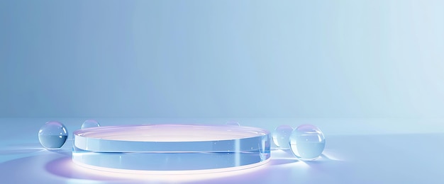 Glass pedestal with translucent orbs on a blue background