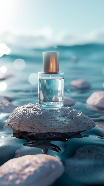 Glass Perfume Bottle Resting On Smooth Grey Rock In Blue Ocean Water