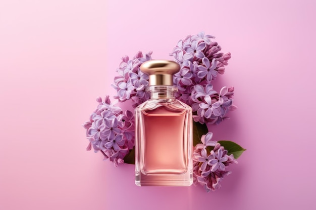 Glass perfume bottle with lilac flowers on a lilac background AI generated