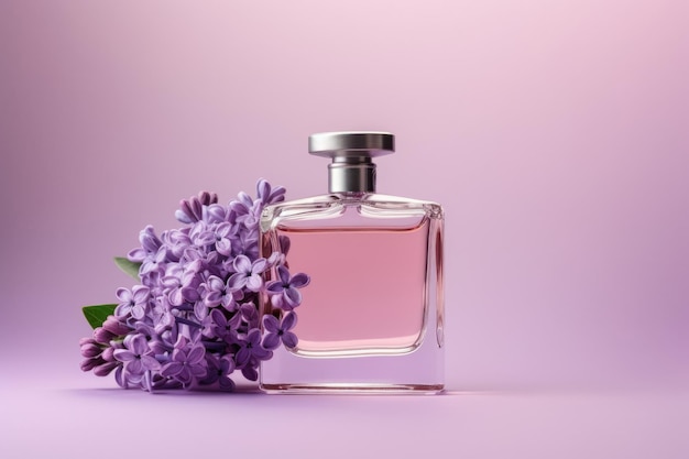 Glass perfume bottle with lilac flowers on a lilac background AI generated