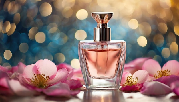 Glass perfume bottle with pink rose petals on blur bokeh background Luxury fragrance Mockup