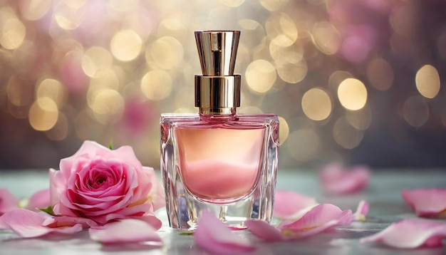 Glass perfume bottle with pink rose petals on blur bokeh background Luxury fragrance Mockup