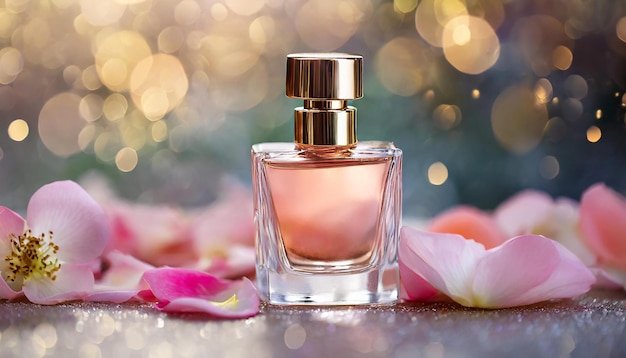 Glass perfume bottle with pink rose petals on blur bokeh background Luxury fragrance Mockup