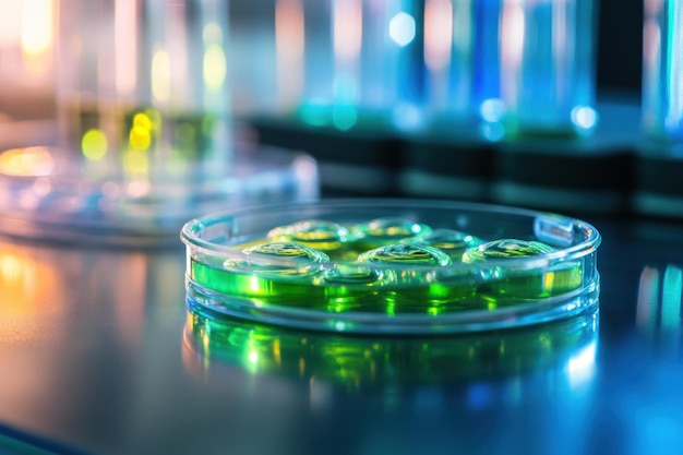 Glass Petri Dish With Green Liquid and Bubbles in a Laboratory Setting