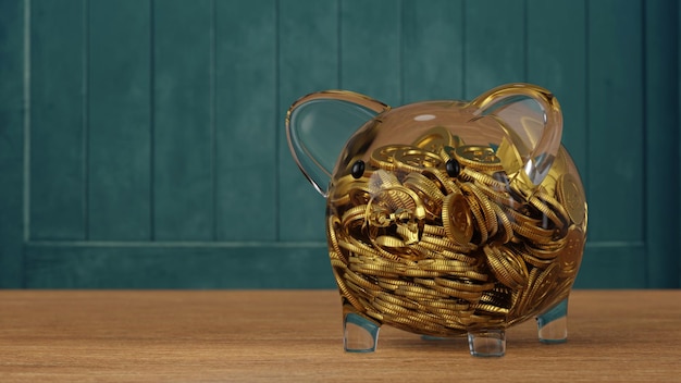 Glass Piggy bank with coin inside saving or save money concept 3D rendering