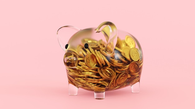 Glass Piggy bank with coin inside saving or save money concept 3D rendering