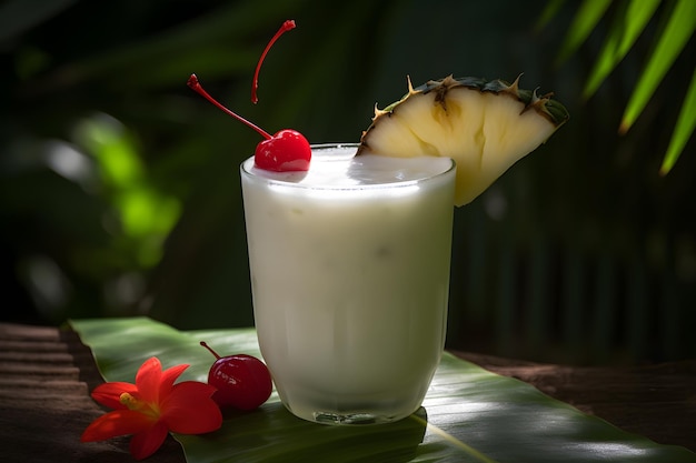 A glass of pineapple juice with a pineapple on it