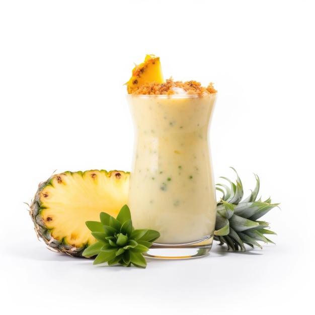 A glass of pineapple smoothie with a pineapple on the side.