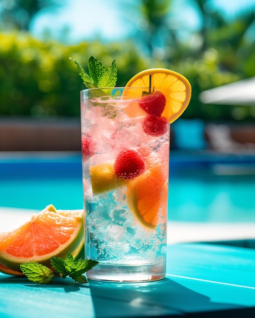 A glass of pink cocktail next to a blue pool table with a strawberries and orange slices.