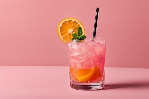 A glass of pink drink with a slice of orange on top The drink is served in a short glass with a bla