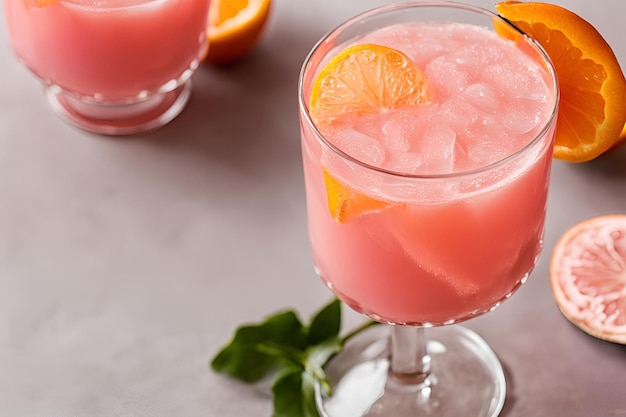 Photo a glass of pink drink with a slice of orange on top the drink is served in a short glass with a bla