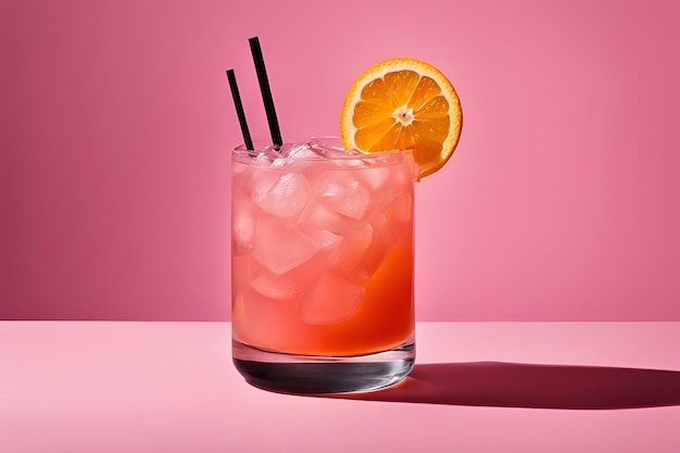 A glass of pink drink with a slice of orange on top The drink is served in a short glass with a bla