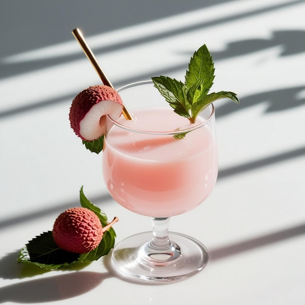 Photo a glass of pink drink with strawberries and leaves on it