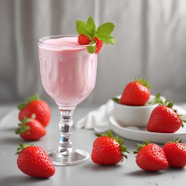 a glass of pink liquid next to a plate of strawberries and a bowl of strawberries