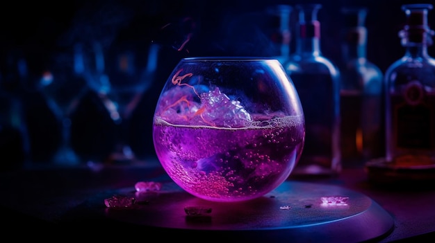 A glass of pink liquid sits on a table with a bottle of alcohol in the background.