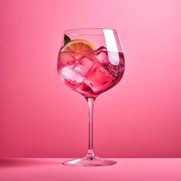 a glass of pink liquid with ice and a slice of lemon