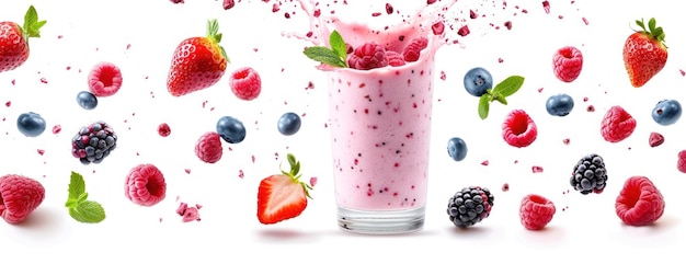 Glass of Pink Smoothie With Raspberries and Blueberries