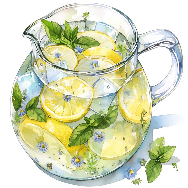 a glass pitcher of lemonade with lemons and mint leaves