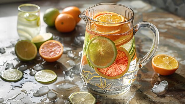 Photo a glass pitcher of lemons and oranges with a few other items