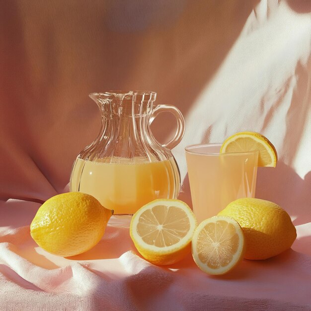 Photo a glass pitcher of orange juice sits next to two lemons