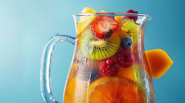 Photo a glass pitcher with fruit and a glass of juice