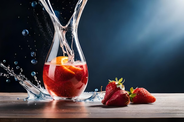 A glass pitcher with a strawberry in it and a glass of water on the right.