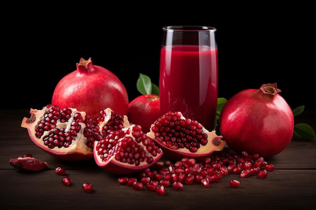 A glass of pomegranate juice placed next to a pile on a White Background