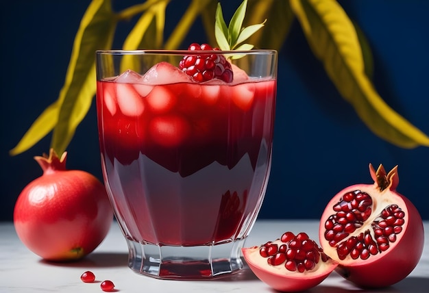 a glass of pomegranate juice with a fruit in it