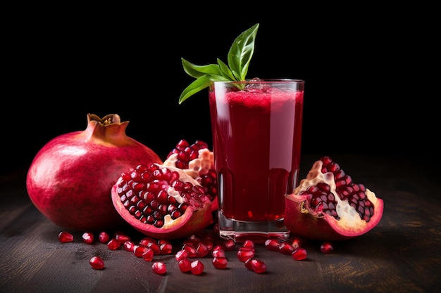 Glass of pomegranate juice with pomegranate fruit